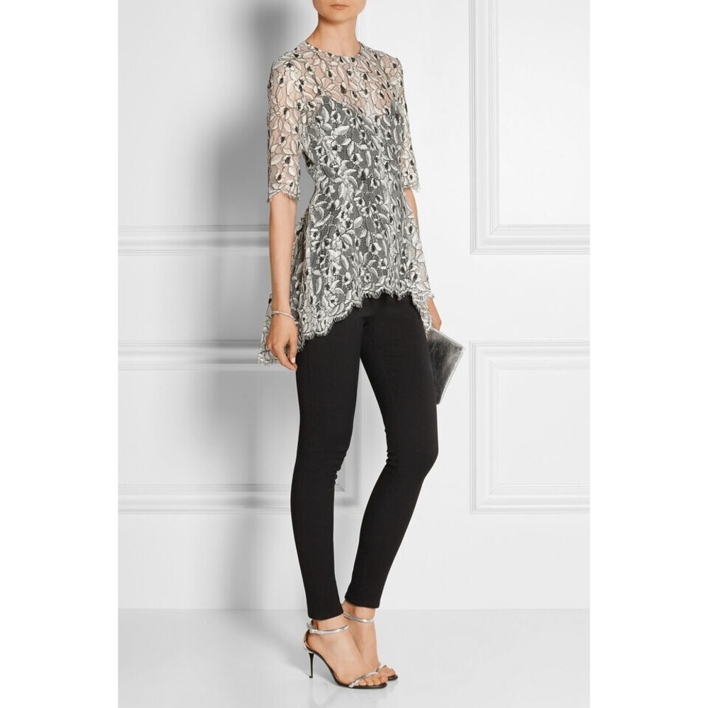 $1195 LELA ROSE LACE FLARE HEM Asymmetric Black Ivory guipure lace Flare TOP 6 - Picture 2 of 14